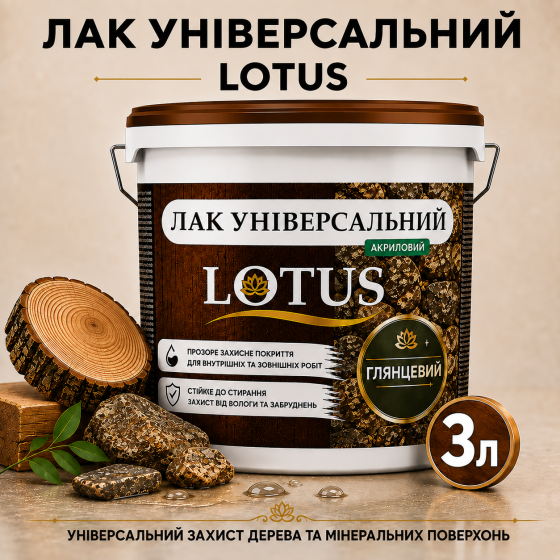 Лак універсальний акриловий LOTUS прозорий глянцевий без запаху зносостійкий для дерева, каменю, бетону та інших поверхонь 3 л Харків