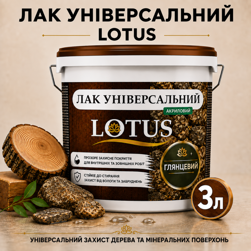 Лак універсальний акриловий LOTUS прозорий глянцевий без запаху зносостійкий для дерева, каменю, бетону та інших поверхонь 3 л Харків - фото 5