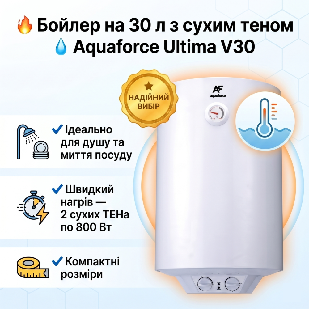Бойлер Aquaforce Ultima DRY V30 электрический водонагреватель 30 л сухой ТЭН 1600Вт стальной эмалированный бак вертикальный монтаж Тернополь - изображение 3