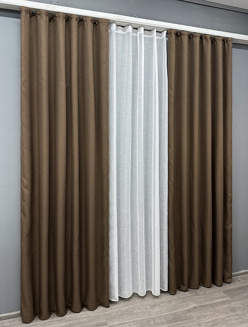 Комплект штор VR-Textil Лен Мешковина 150х270 2шт и Тюль 600х270 277ш-115т Коричневый с белым 71-015/5 Киев - изображение 3