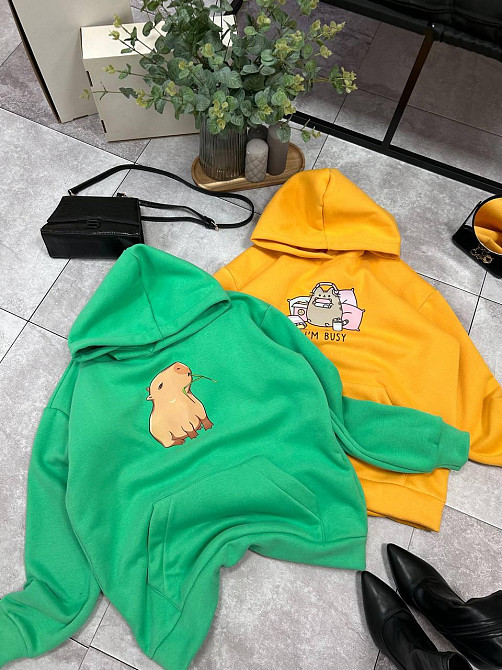 Женское уютное теплое худи оверсайз с милым принтом трехнитка Тедди + трехнитка с начесом пенье Зеленый Одесса - изображение 1