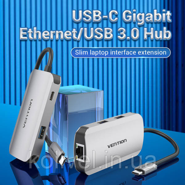 Хаб USB 3.1 Type-C -> 3хUSB 3.0/RJ45 Gigabit/PD 100W 5-in-1 Vention (TNFHB) Київ - фото 2