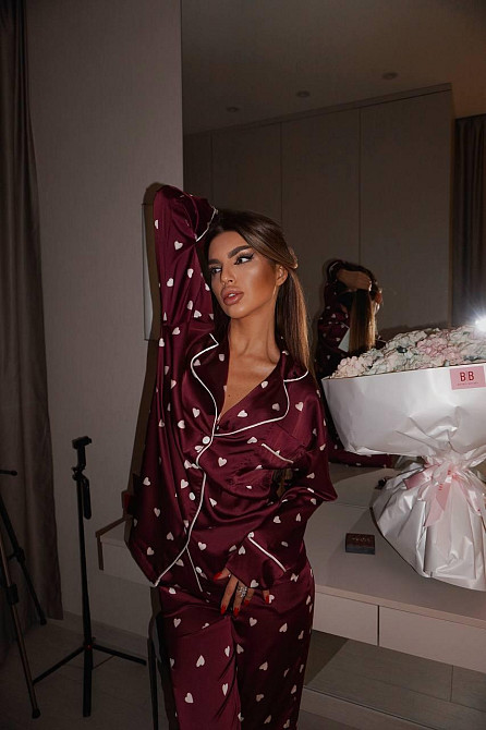 Жіноча піжама-двійка з сердечками із шовку армані Бордовий, 52/54 Одеса - фото 8