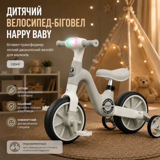 Детский беговел-трансформер 3-в-1 Happy Baby: легкий велобег со светом, музыкой и колесами для тренировок, Бело-черный Киев
