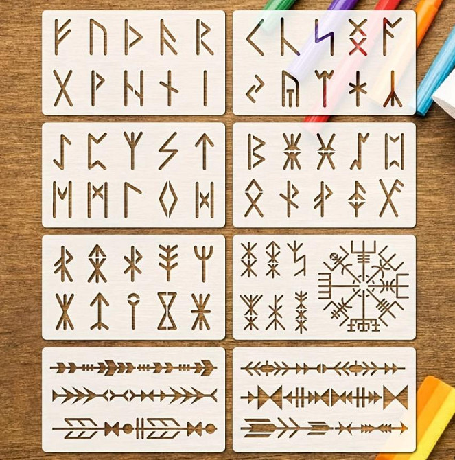 Набір з 6 багаторазових шаблонів рунічної писемності, шаблони кельтського алфавіту, символів та Шоло Київ - фото 1