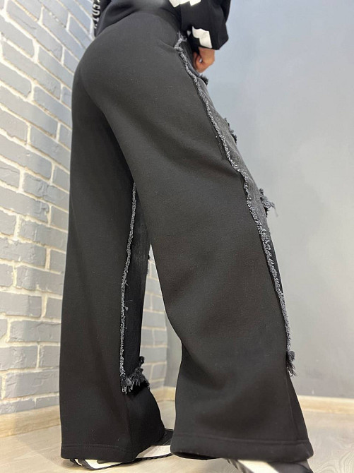 Джинси жіночі I8 80085-186 комбіновані з трикотажем рвані палаццо талія на резинці фліс чорний, чорний, XS, XS, 70 см, 98 см Київ - фото 6