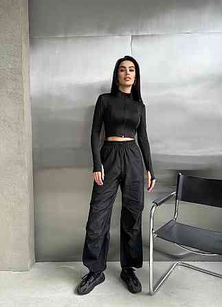 Женский прогулочный костюм двойка: кофта и штаны микродайвинг + плащевка Черный, 42/44 Одесса