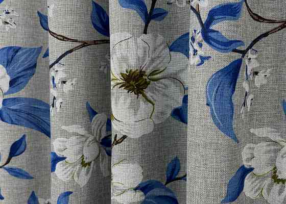 Шторна тканина льон з квітковим принтом, колекція "Прованс" колір світло-сірий з синім 1725ш Київ