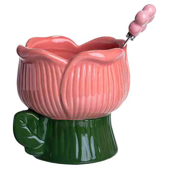 Креманка порцелянова з ложкою у формі квітки 300 (мл) креманка для десертів, морозива та желе Зелений з рожевим FM-42GR Коломия