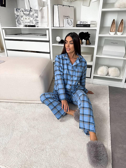 Женская домашняя повседневная в клетку пижама с фланели. черно-голубой, 42/44 Одесса - изображение 7