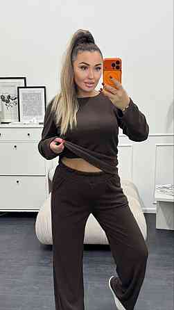 Женский базовый костюм двойка: лонгслив и штаны трикотажный рубчик Шоколадный, 46/48 Одесса