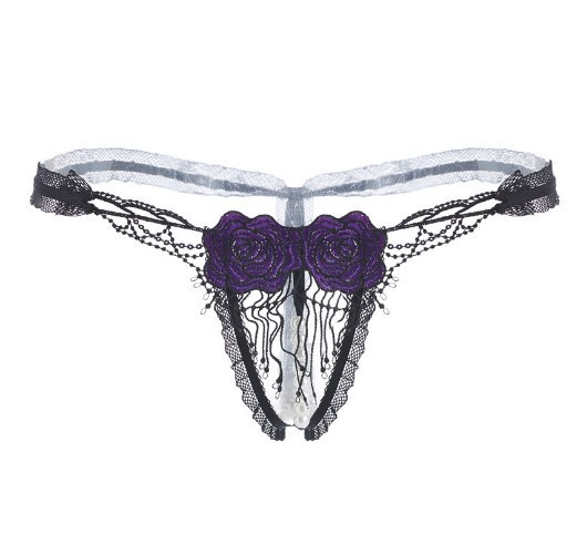 Трусики з розрізом бусинками квітками з тканини універсальний чорно-фіолетовий Київ - фото 1