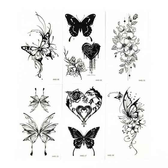 Набір тимчасових тату "Метелики та квіти №2" black-tattoo-mini-set-f02 із 6 чорних по 9,5 х 5,5 см Вінниця