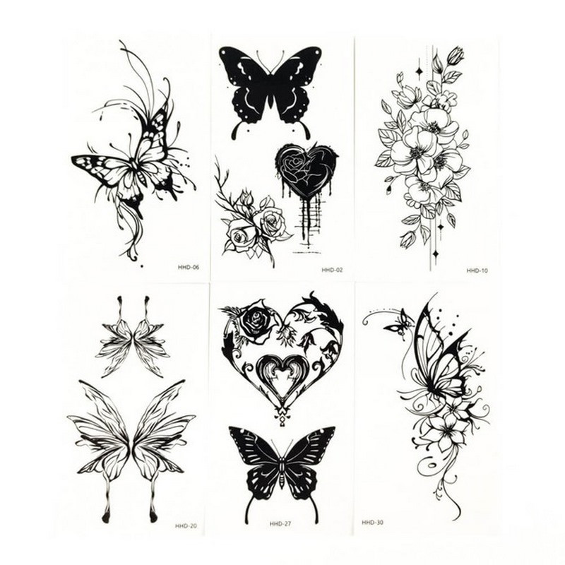 Набір тимчасових тату "Метелики та квіти №2" black-tattoo-mini-set-f02 із 6 чорних по 9,5 х 5,5 см Вінниця - фото 1