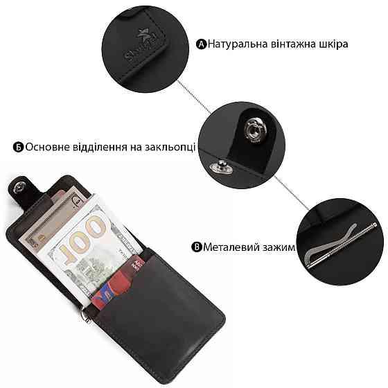 Затискач для купюр SHVIGEL 13787 з вінтажній шкіри Чорний Київ