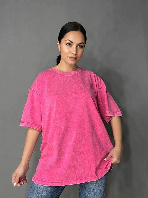 Футболка жіноча A-N 48020 базова оверсайз подовжена вільний крій варена тай дай one size, рожевий, one size Київ - фото 1