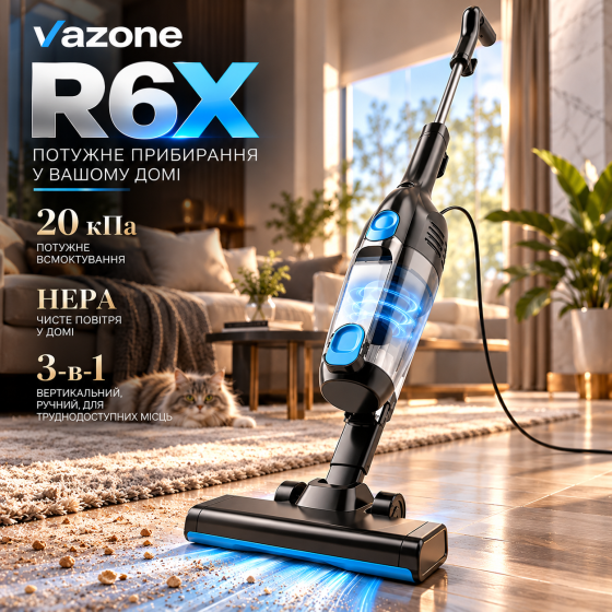 Пилосос Vazone R6X для дому, дротовий вертикальний 3-в-1, 20 кПа, HEPA-фільтр, циклонна система, контейнер 1 л, синьо-чорний Київ
