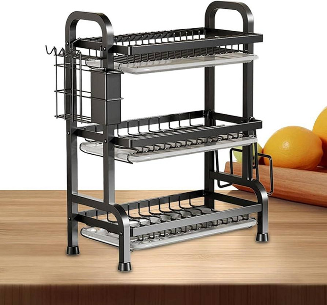 Сушарка для посуду Bowl Rack 3-рівнева 56×24×43 см, металева з пластиковим піддоном та тримачем Київ - фото 1