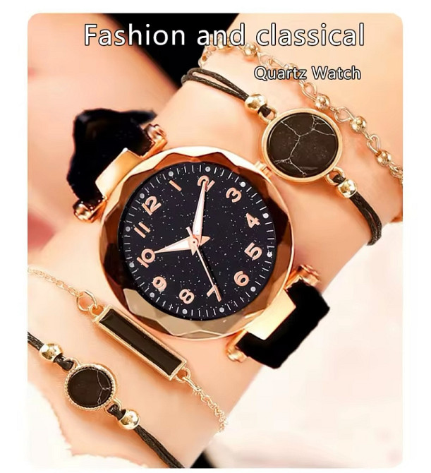 Подарочный набор для женщин 1 наручные часы с 4 оригинальными браслетами без подарочной коробки черный Киев - изображение 1