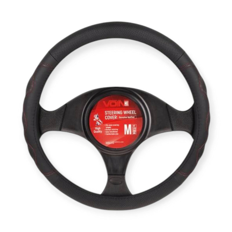 Чехол l кожа (39 - 41 см) черный 2 перфор. вставки, красная нить, белая основа руля Мукачево - изображение 1