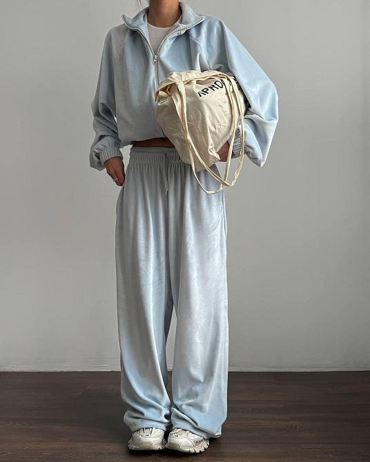 Жіночий стильний костюм оверсайз: кофта та штани турецький велюр спорт Сіро-блакитний Одеса - фото 1