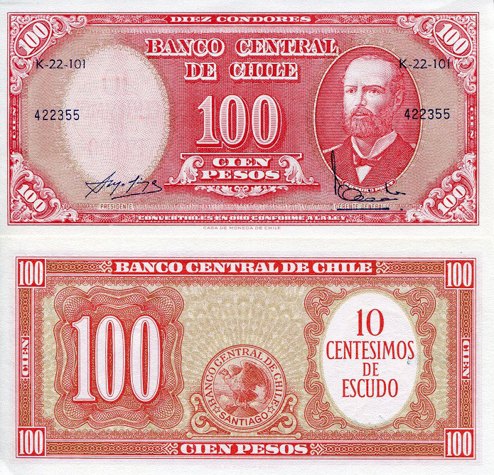 Chile Чили - 10 Ct on 100 Pesos 1960 - 1961 Pick 127a UNC Полтава - фото 1