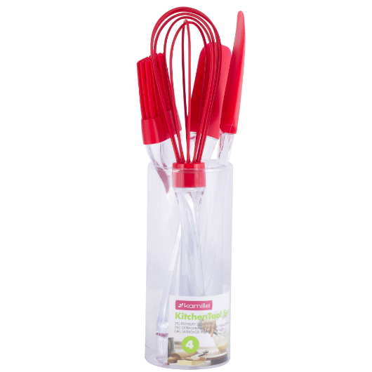 Набір кухонного приладдя 4 предмети (щіточка+вінчик+2 лопатки) силікон червоний 7509 KAMILLE Житомир
