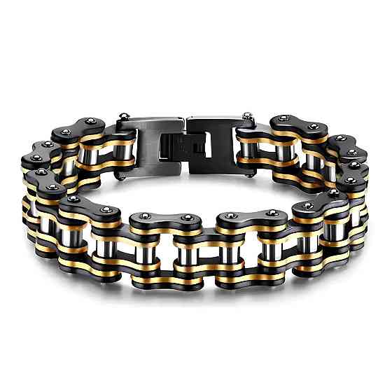 Чоловічий браслет RESTEQ із нержавіючої сталі у вигляді мотоциклетного ланцюга, чорно-золотий Київ