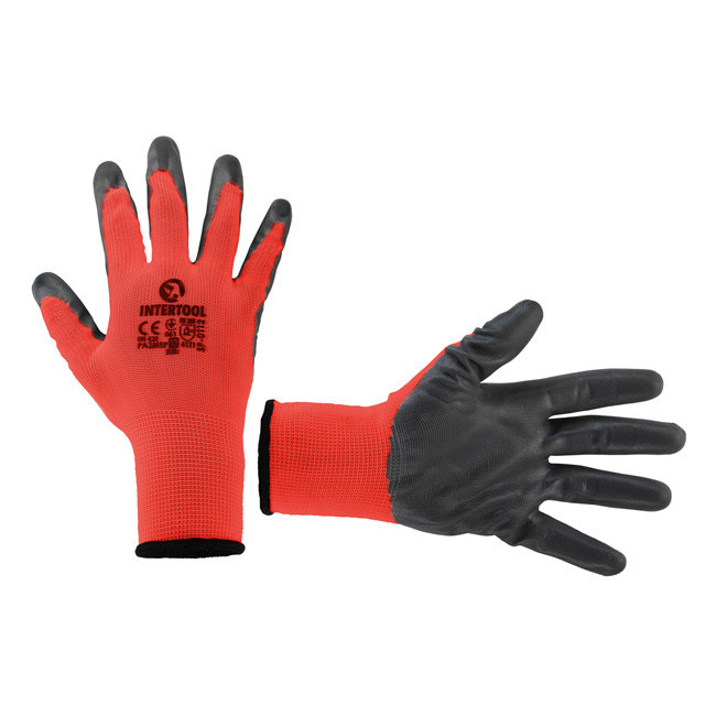 Рукавичка трикотажна з сірим нітриловим покриттям долоні, синтетична, червона,10