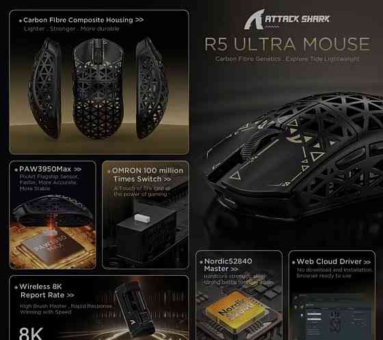 Топова миша Attack Shark R5 Ultra 42000dpi 8К карбон 39 грам. Харків