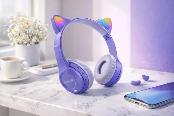 Беспроводные наушники с кошачьими ушками и лед подсветкой Cat Ear Y47 Led, Bluetooth наушники с микрофоном Сиреневый Коломыя