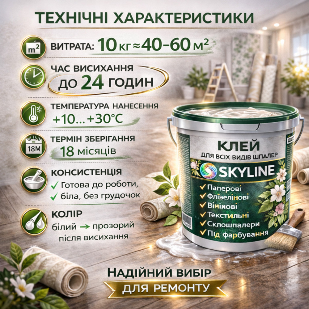 Клей для шпалер 10 кг Skyline універсальний суперміцний, для скловолокна і важких шпалер, готовий Харків - фото 8