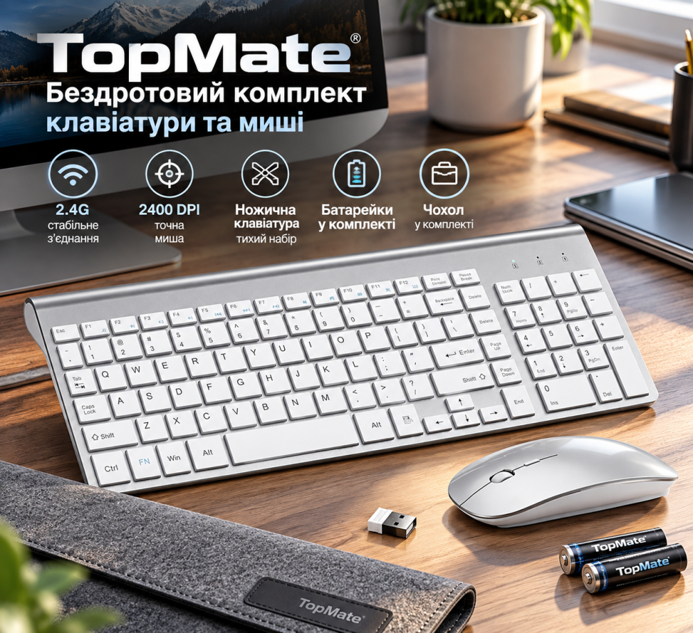 УЦЕНКА Беспроводной комплект клавиатуры и мыши TopMate, 2.4G, 2400 DPI, ножничная клавиатура, чехол, серебристо-белый Киев - изображение 1