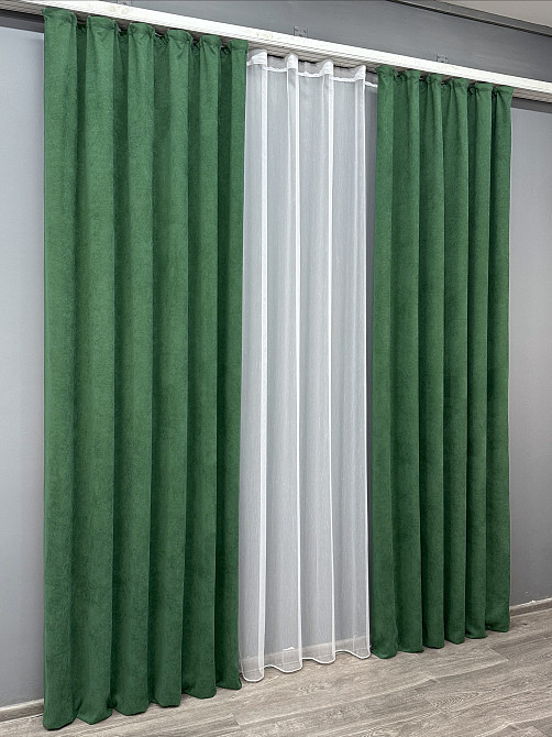 Комплект штор VR-Textil Микровелюр Petek 100х270 2шт и Тюль 300х270 1709ш-1153т Зеленый с белым 71-032/1 Киев - изображение 3