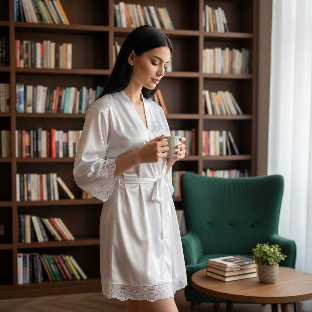 Халат жіночий сатиновий з мереживом Білий Харків - фото 6