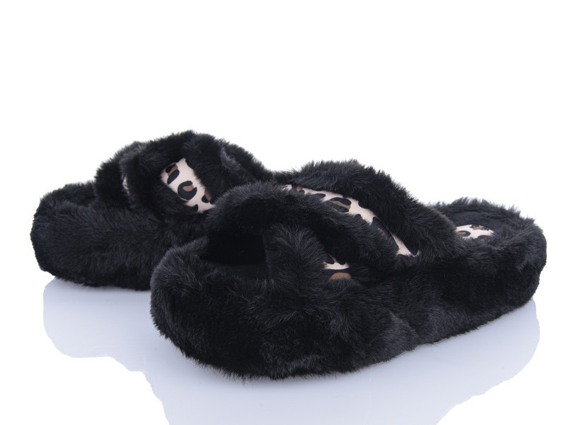 Тапки женские открытые домашние с меховые накрест с принтом леопарда черные Одесса - изображение 16