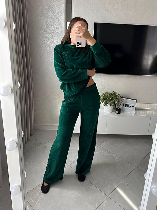 Женский стильный универсальный костюм двойка  хлопковый велюр Изумрудный, 44 Одесса - изображение 2
