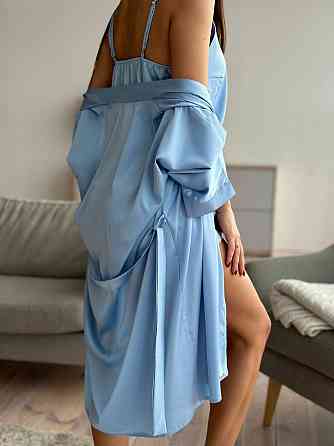 Халат жіночий шовковий під пояс довжина 90см Блакитний XS/S Харків