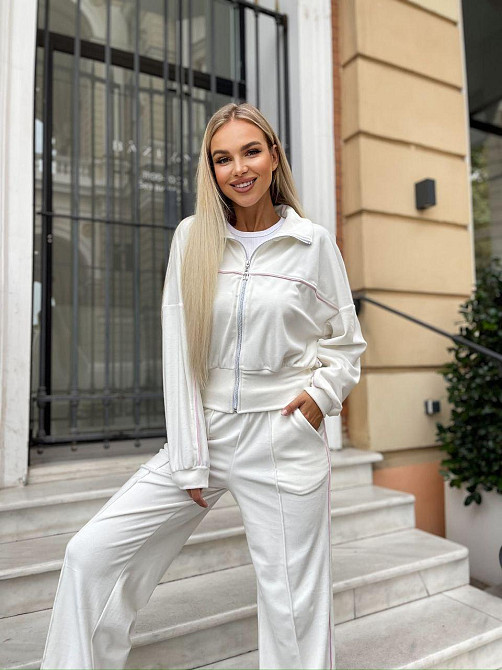 Женский стильный повседневный велюровый костюм двойка Молочный Одесса - изображение 1