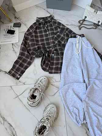 Женский повседневный костюм двойка: рубашка в клетку и штаны фланель + двунитка Шоколад, 48/52 Одесса