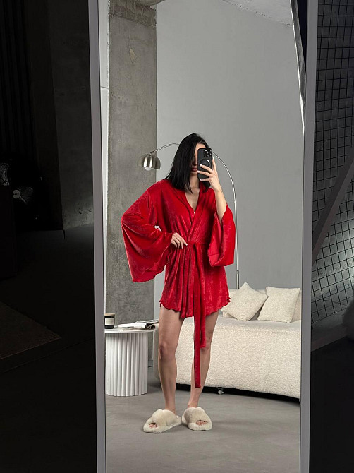 Женский домашний велюровый мини халат плюш велюр Красный, Oversize 42/46 Одесса - изображение 8