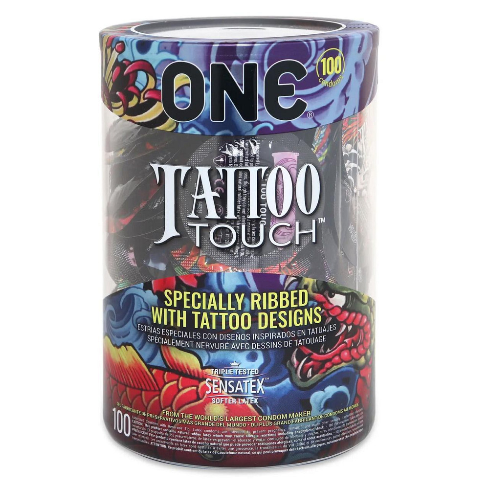 Набір презервативів ONE Tattoo Touch, 100 шт, з рельєфом у вигляді тату, 3 різновиди, паковання-тубус Sex Aura Київ - фото 1