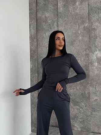Женский базовый костюм тройка: лонгслив, футболка и штаны микродайвинг Графит Одесса