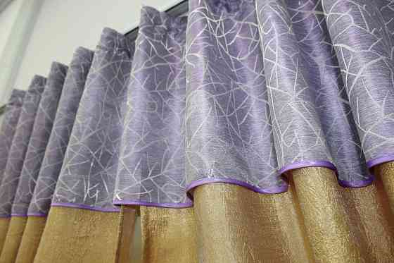 Кухонные шторы VR-Textil № 073к с ламбрекеном и подхватами золотистый с сиреневым 275х170 см (52-0052) Киев
