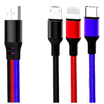 Дата кабель USB 2.0 AM to Lightning + Micro 5P + USB-C 1.2m black red blue XO (XO-NB143-3in1) Вінниця - фото 1