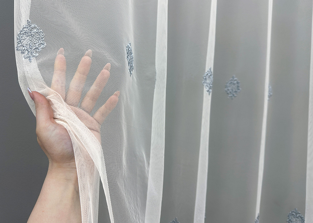 Тюль VR-Textil 1657т Грек-сетка с вышивкой и люрексом Молочный с серо-голубым 300х270 см (42-0661) Киев - изображение 5