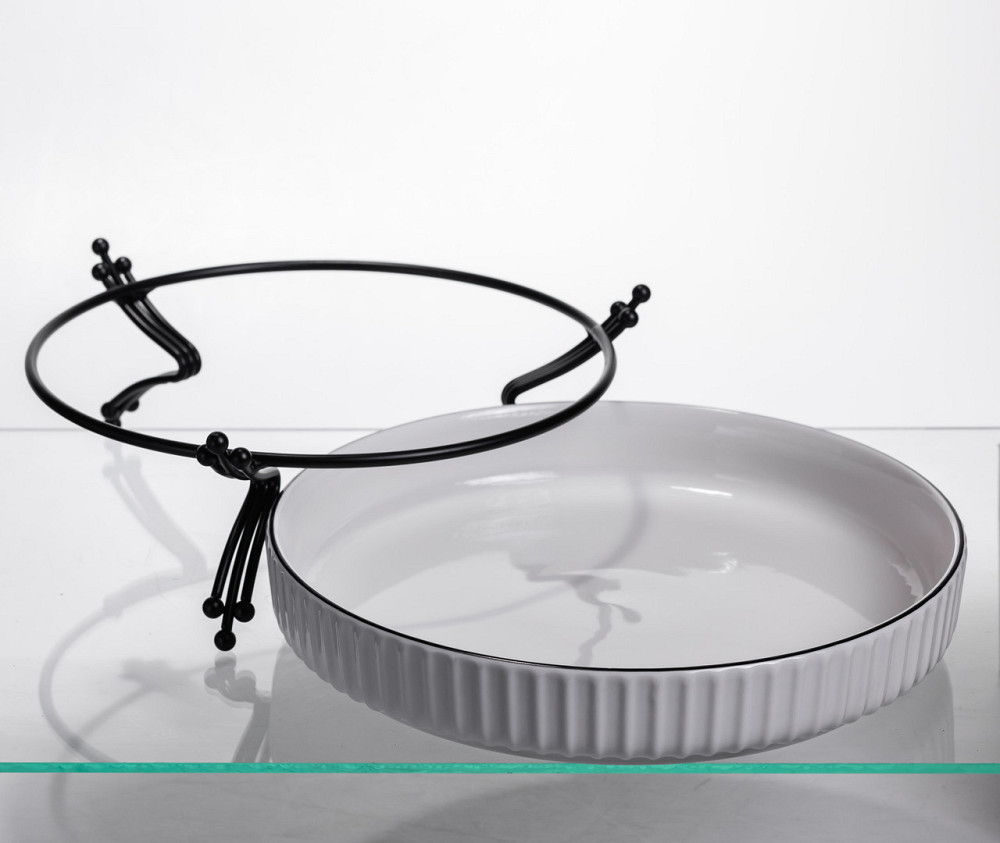 Фруктовниця порцелянова на металевій підставці Ø25 (см) кругла ваза цукерниця для фруктів Білий із чорним LB-1572B Київ - фото 3