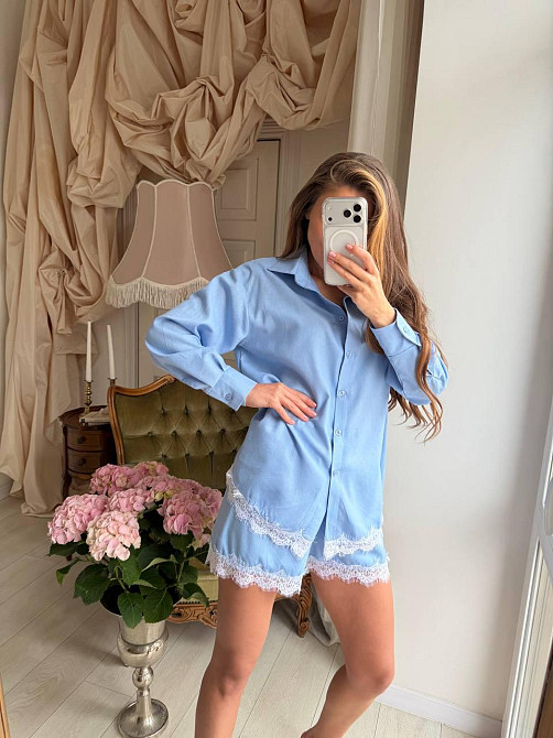 Женский стильный летний льняной костюм с кружевом Голубой, 42/46 Одесса - изображение 4