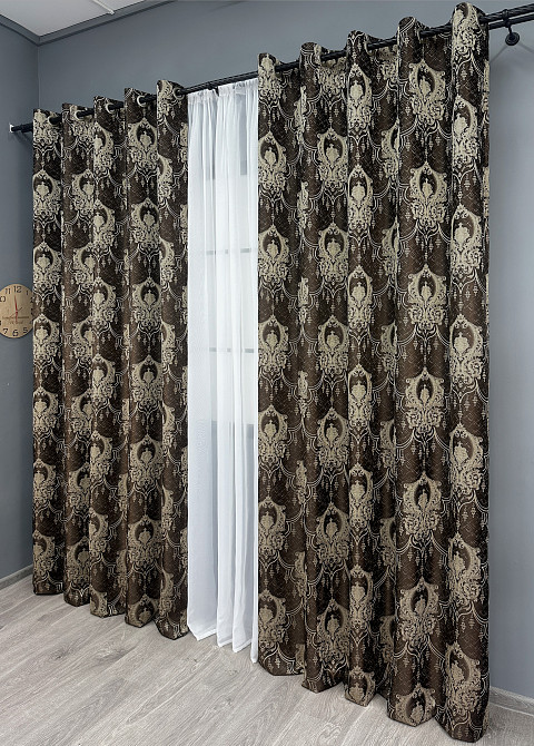 Комплект штор на люверсах VR-Textil Парча № 1774ш Венге с бежевым 155х270 см 2 шт (37-0263) Киев - изображение 4