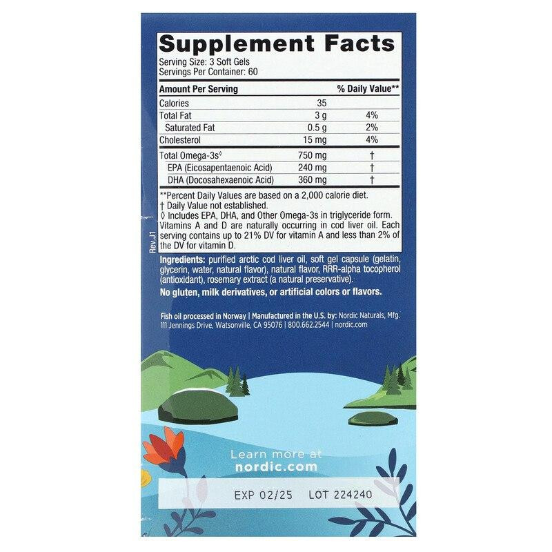 Масло печени трески Nordic Naturals Cod Liver Oil 1000 мг 180 капсул с лимонным ароматом Киев - изображение 3